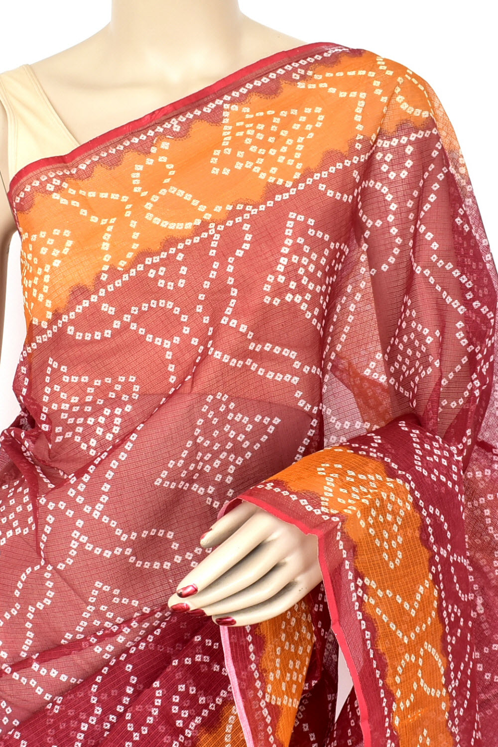 Maroon Mustard Pure Cotton Kota Doria Saree Premium Quality Handwoven Chunri Print Saree without Blouse 15676