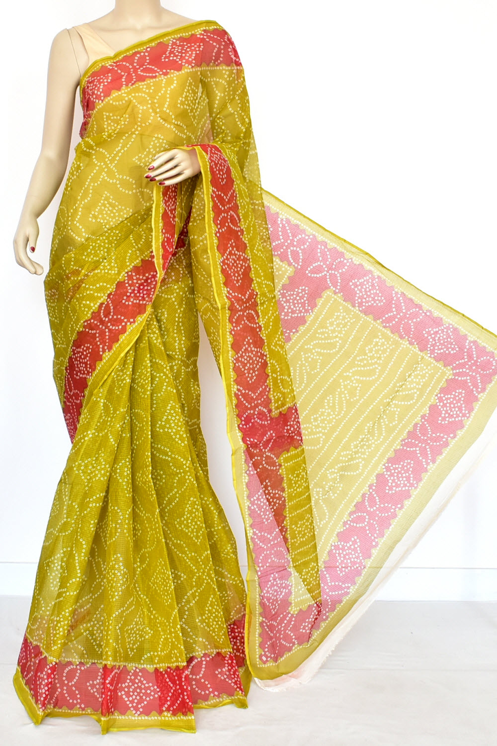 Mehandi Green Red Pure Cotton Kota Doria Saree Premium Quality Handwoven Chunri Print Saree without Blouse 15677
