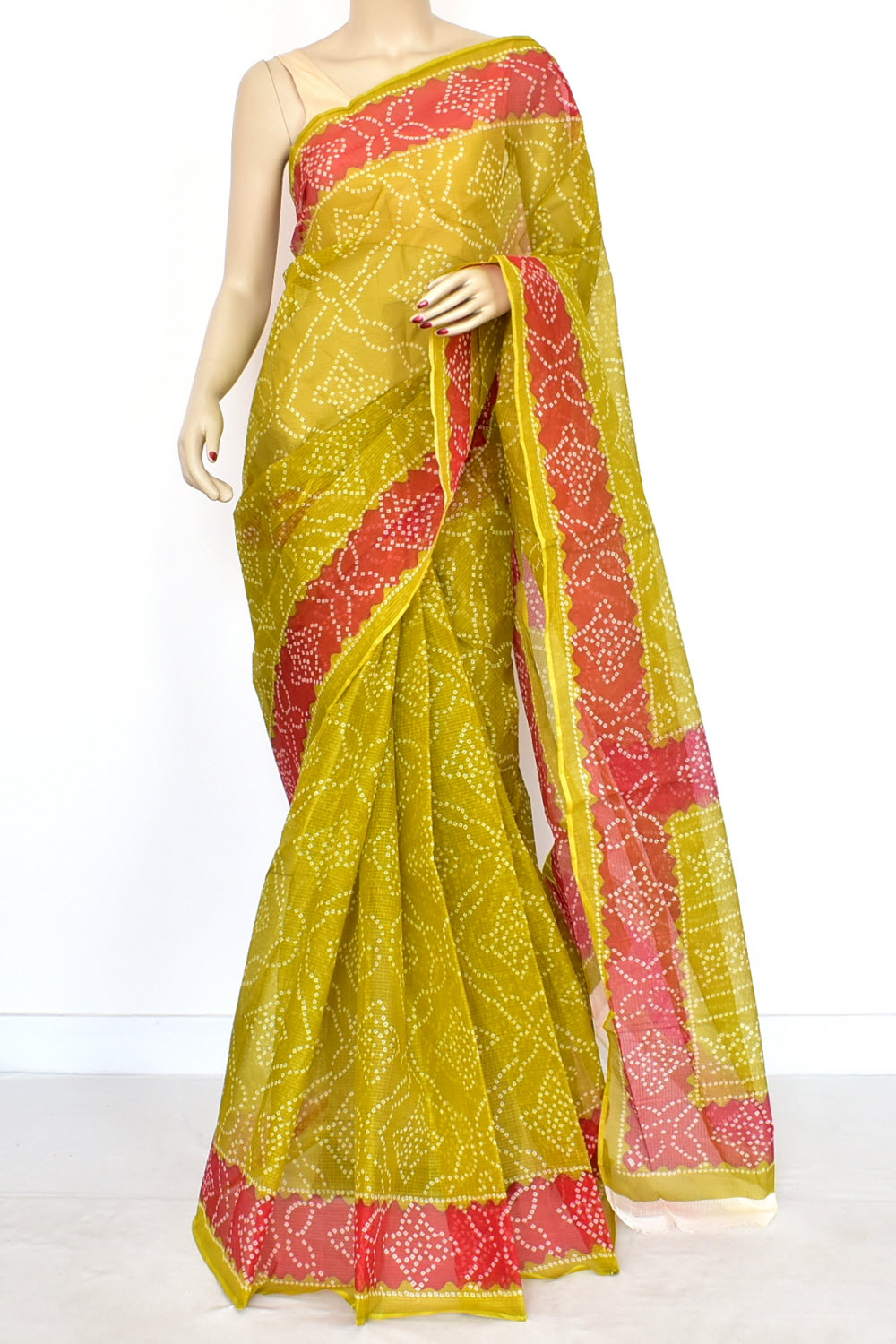 Mehandi Green Red Pure Cotton Kota Doria Saree Premium Quality Handwoven Chunri Print Saree without Blouse 15677