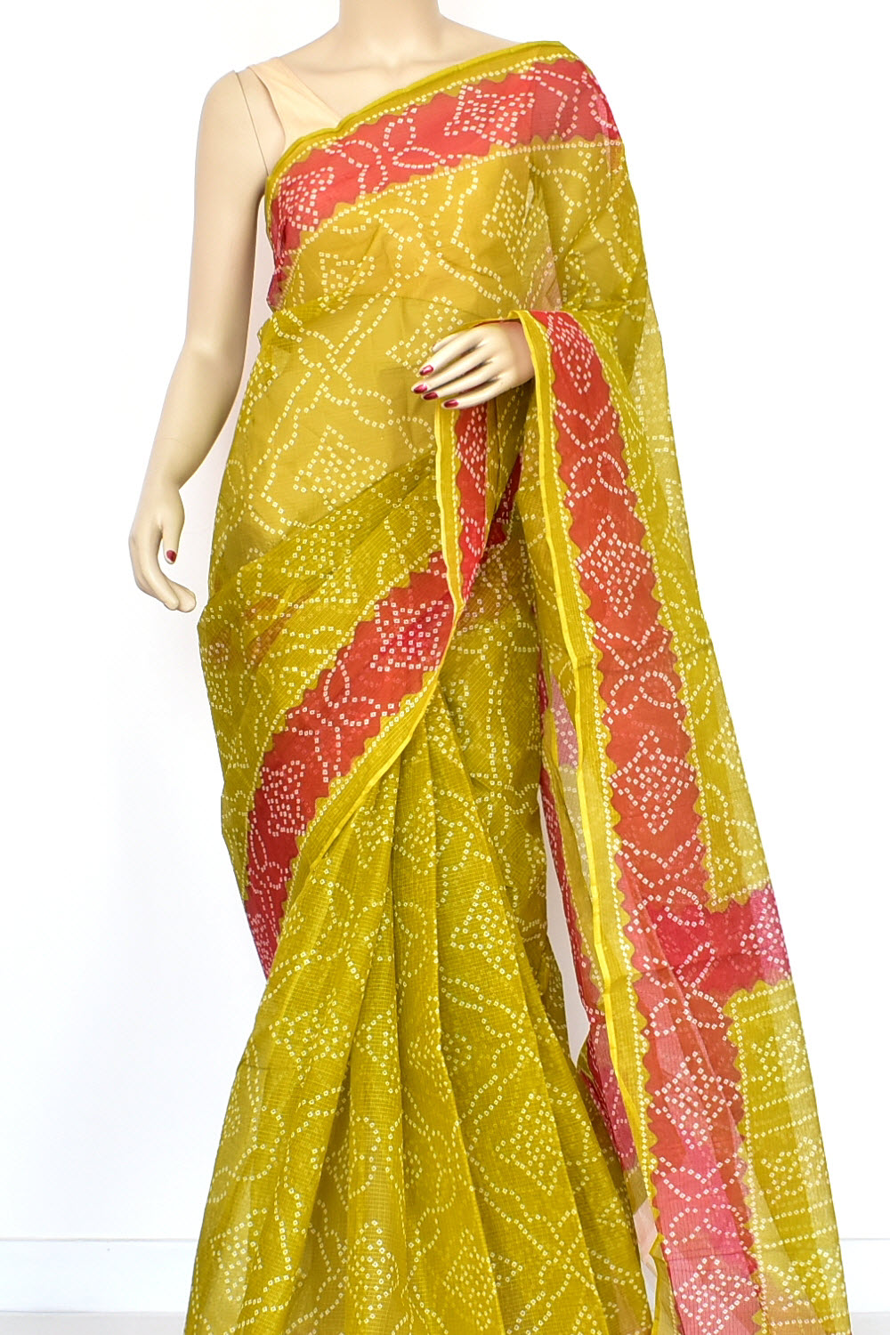 Mehandi Green Red Pure Cotton Kota Doria Saree Premium Quality Handwoven Chunri Print Saree without Blouse 15677