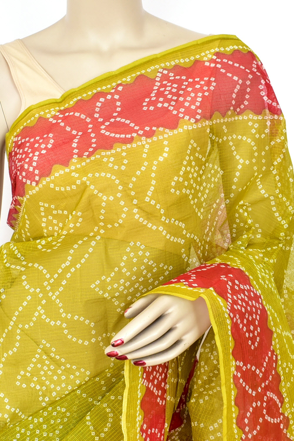 Mehandi Green Red Pure Cotton Kota Doria Saree Premium Quality Handwoven Chunri Print Saree without Blouse 15677