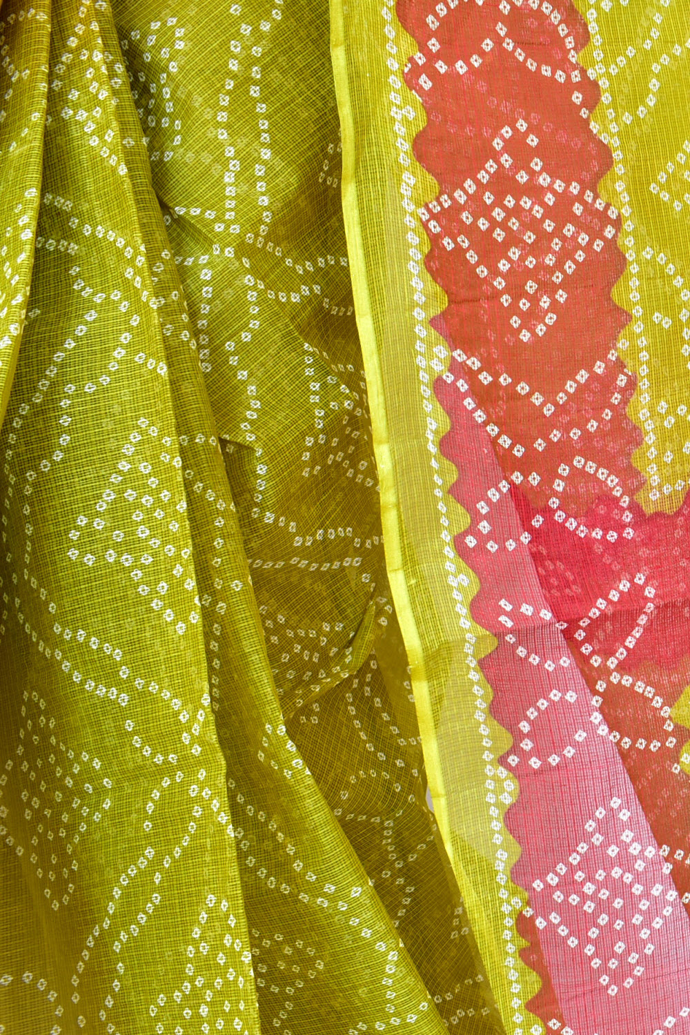 Mehandi Green Red Pure Cotton Kota Doria Saree Premium Quality Handwoven Chunri Print Saree without Blouse 15677