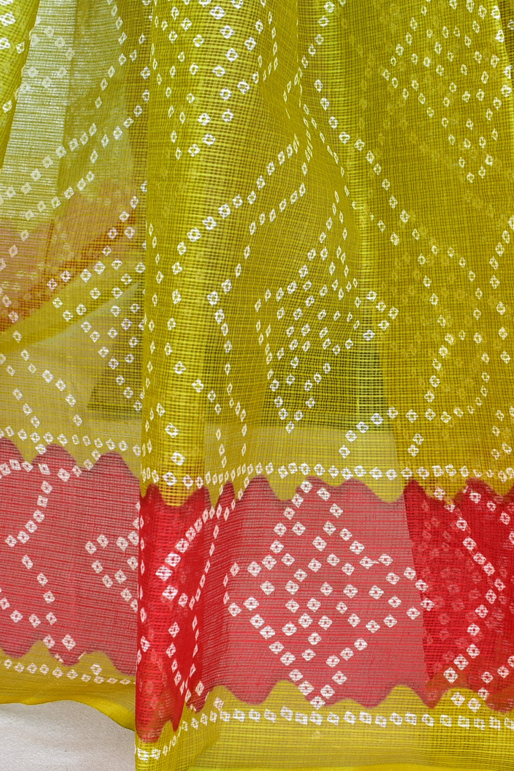 Mehandi Green Red Pure Cotton Kota Doria Saree Premium Quality Handwoven Chunri Print Saree without Blouse 15677