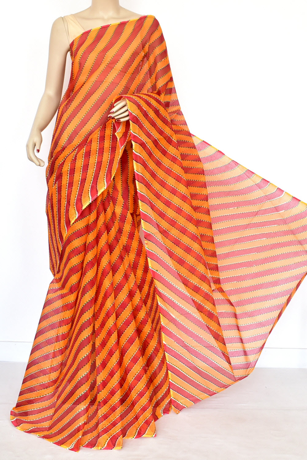 Red Yellow Pure Cotton Kota Doria Saree Premium Quality Handwoven Lahariya Print Saree without Blouse 15678
