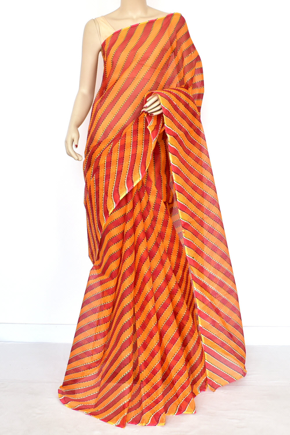 Red Yellow Pure Cotton Kota Doria Saree Premium Quality Handwoven Lahariya Print Saree without Blouse 15678
