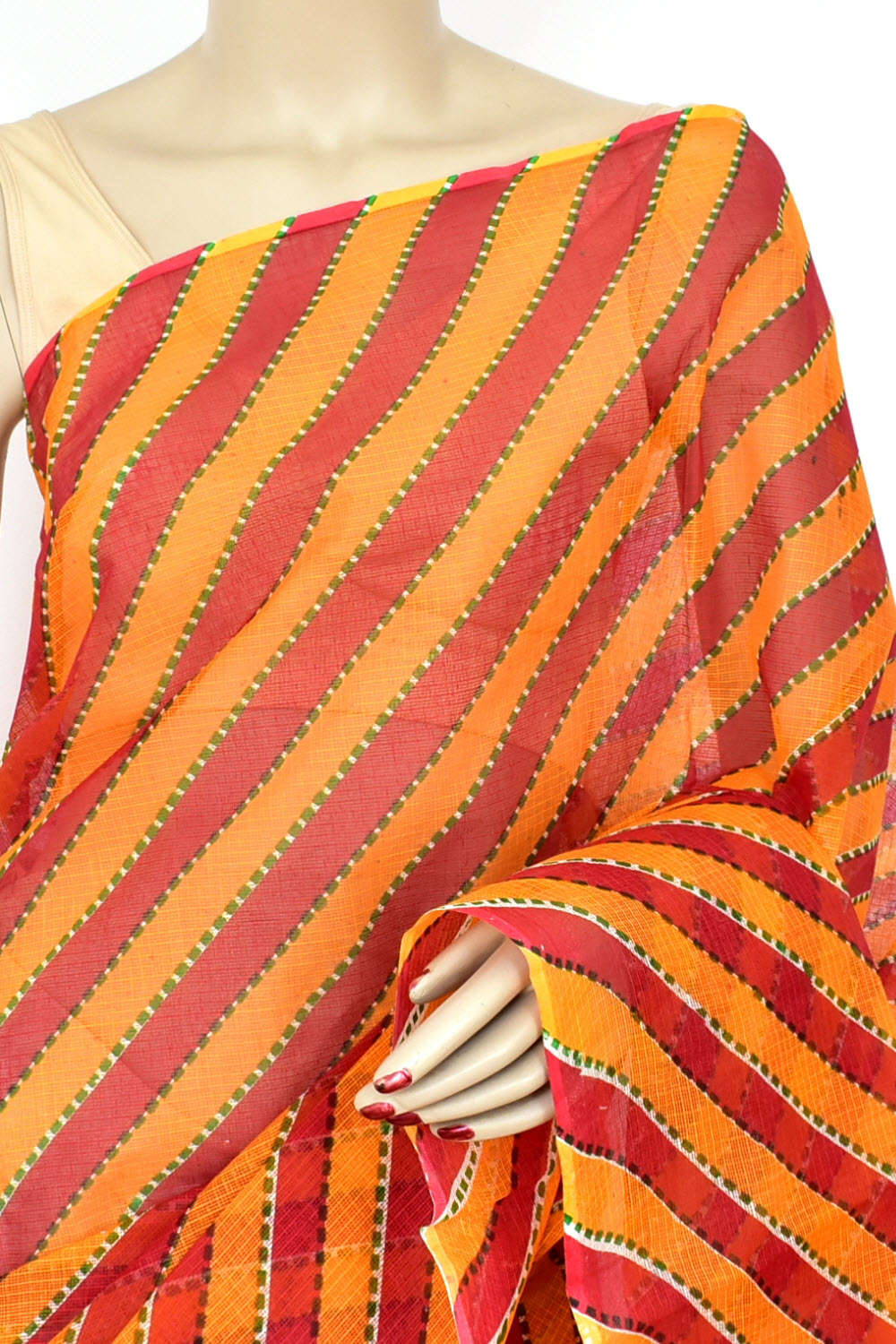 Red Yellow Pure Cotton Kota Doria Saree Premium Quality Handwoven Lahariya Print Saree without Blouse 15678