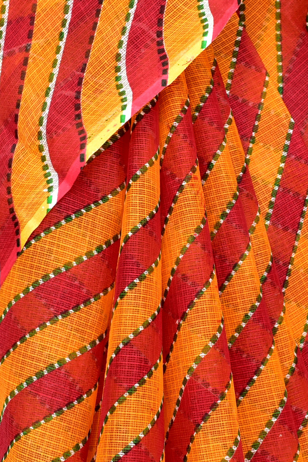 Red Yellow Pure Cotton Kota Doria Saree Premium Quality Handwoven Lahariya Print Saree without Blouse 15678