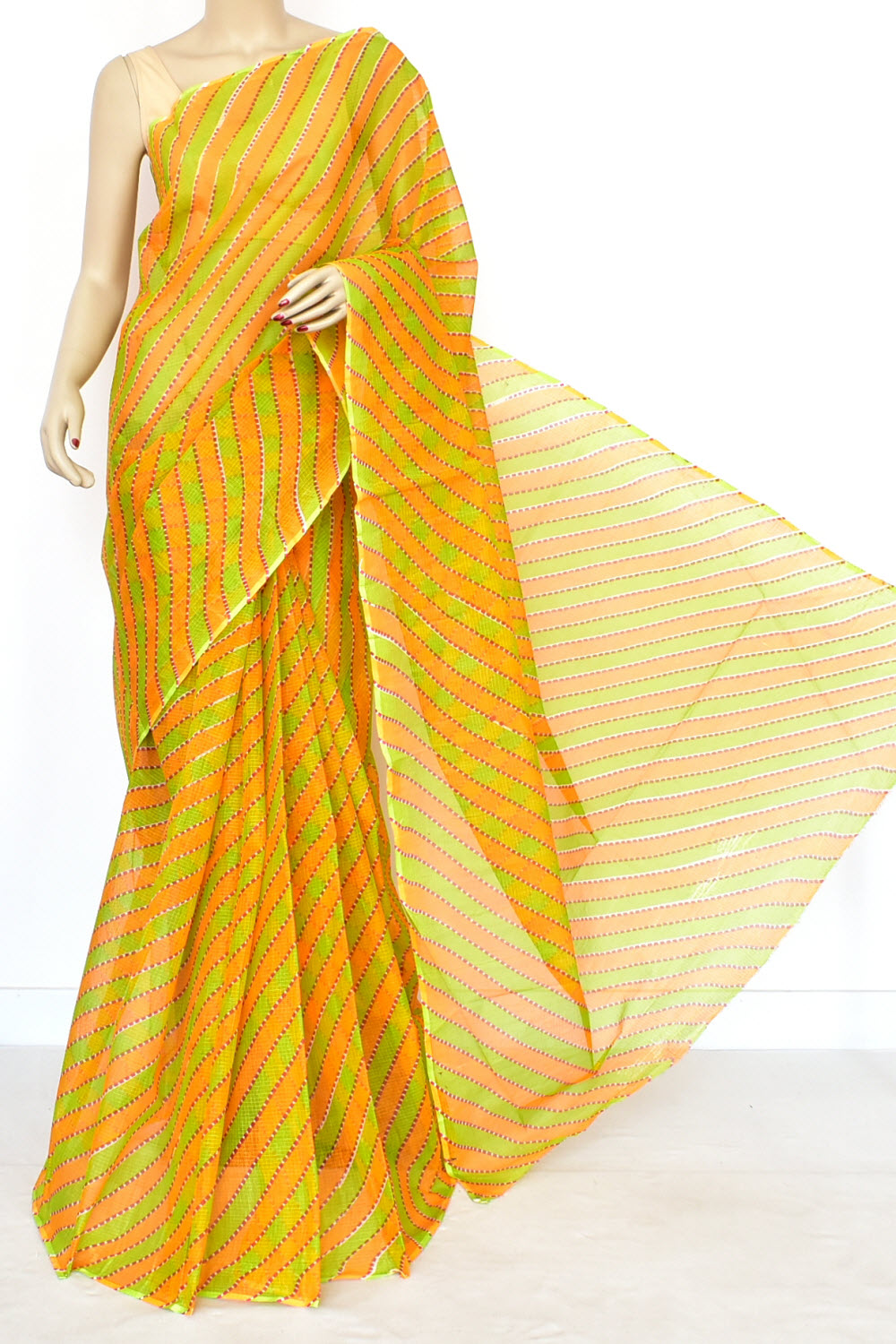 Orange Parrot Green Pure Cotton Kota Doria Saree Premium Quality Handwoven Lahariya Print Saree without Blouse 15679
