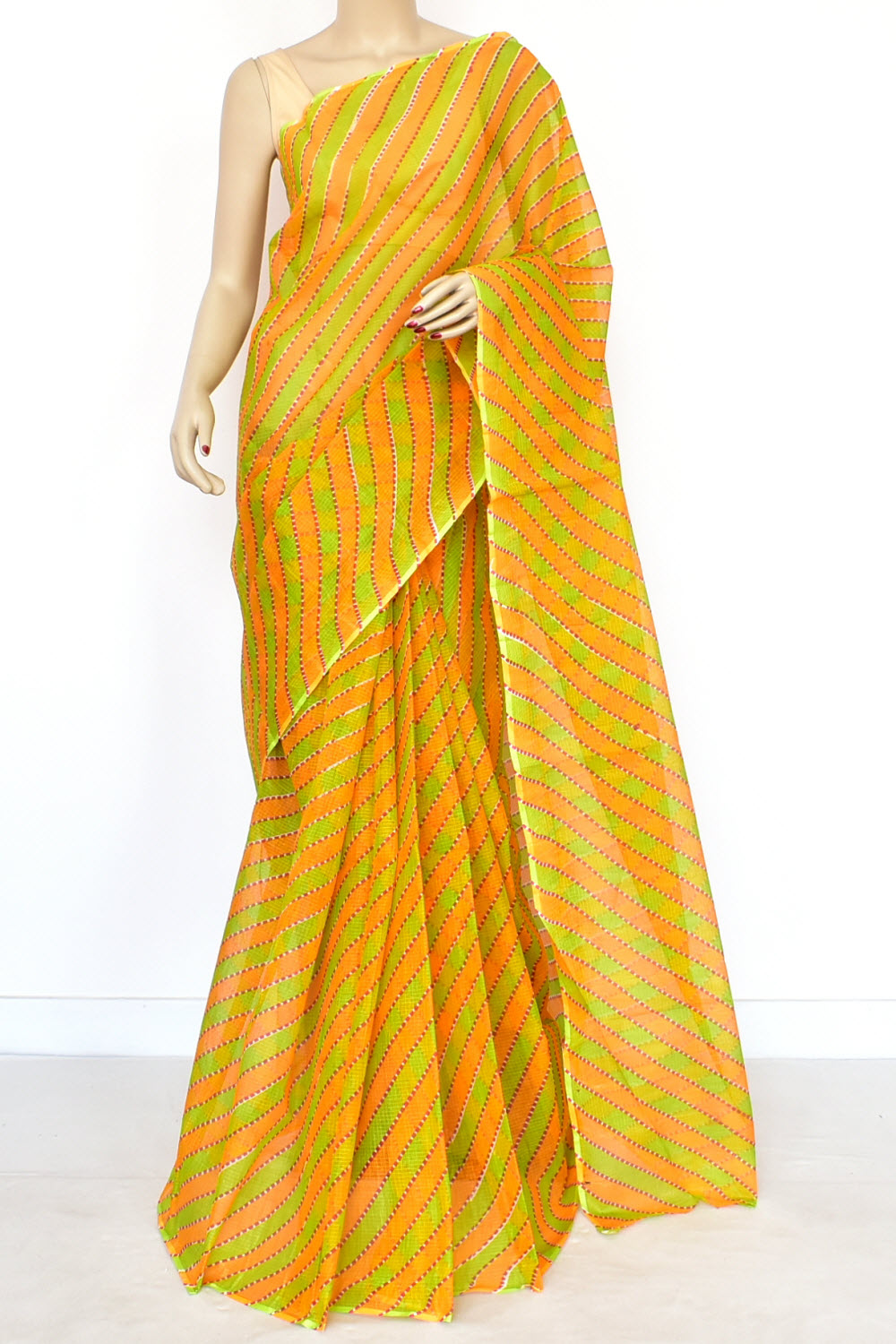 Orange Parrot Green Pure Cotton Kota Doria Saree Premium Quality Handwoven Lahariya Print Saree without Blouse 15679