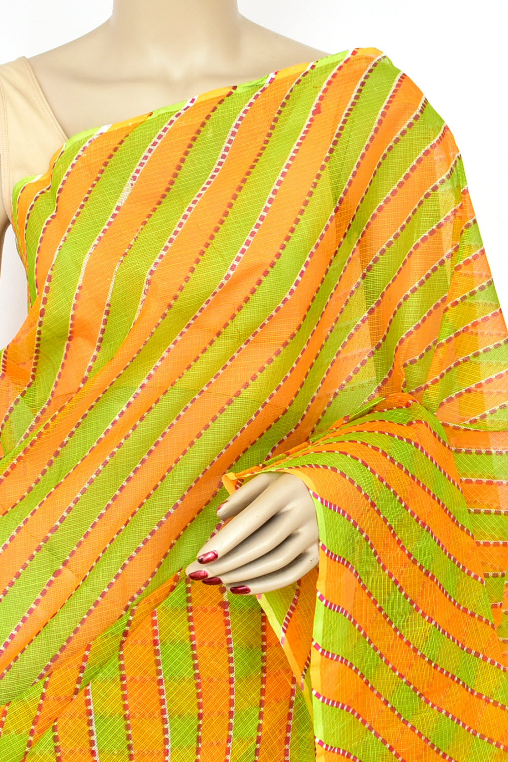 Orange Parrot Green Pure Cotton Kota Doria Saree Premium Quality Handwoven Lahariya Print Saree without Blouse 15679
