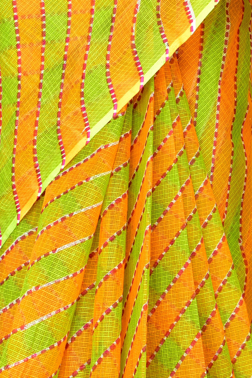 Orange Parrot Green Pure Cotton Kota Doria Saree Premium Quality Handwoven Lahariya Print Saree without Blouse 15679