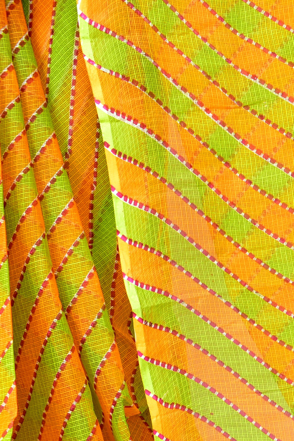 Orange Parrot Green Pure Cotton Kota Doria Saree Premium Quality Handwoven Lahariya Print Saree without Blouse 15679