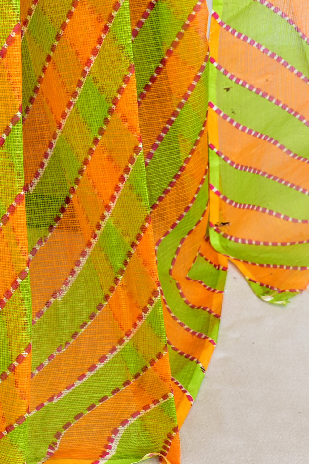 Orange Parrot Green Pure Cotton Kota Doria Saree Premium Quality Handwoven Lahariya Print Saree without Blouse 15679