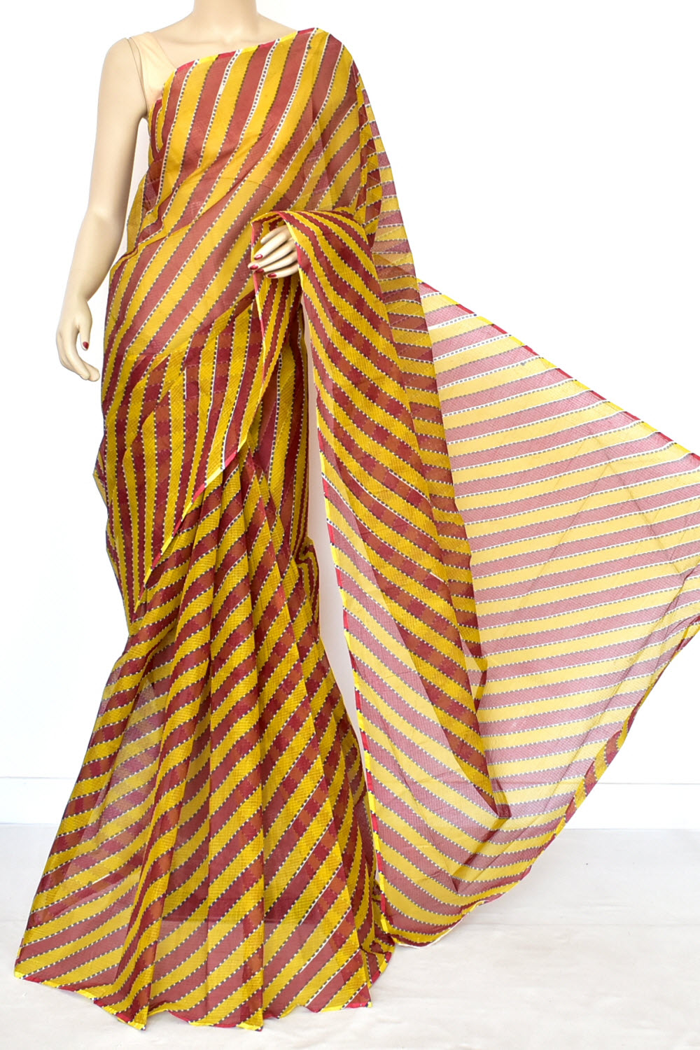 Maroon Mehandi Green Pure Cotton Kota Doria Saree Premium Quality Handwoven Lahariya Print Saree without Blouse 15680