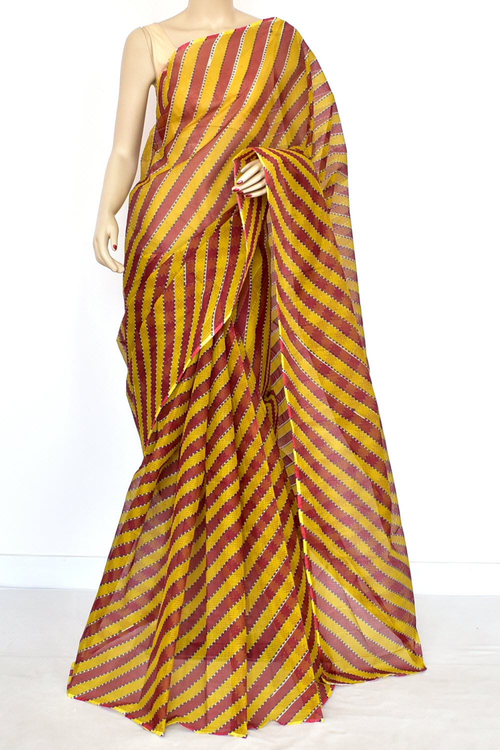 Maroon Mehandi Green Pure Cotton Kota Doria Saree Premium Quality Handwoven Lahariya Print Saree without Blouse 15680