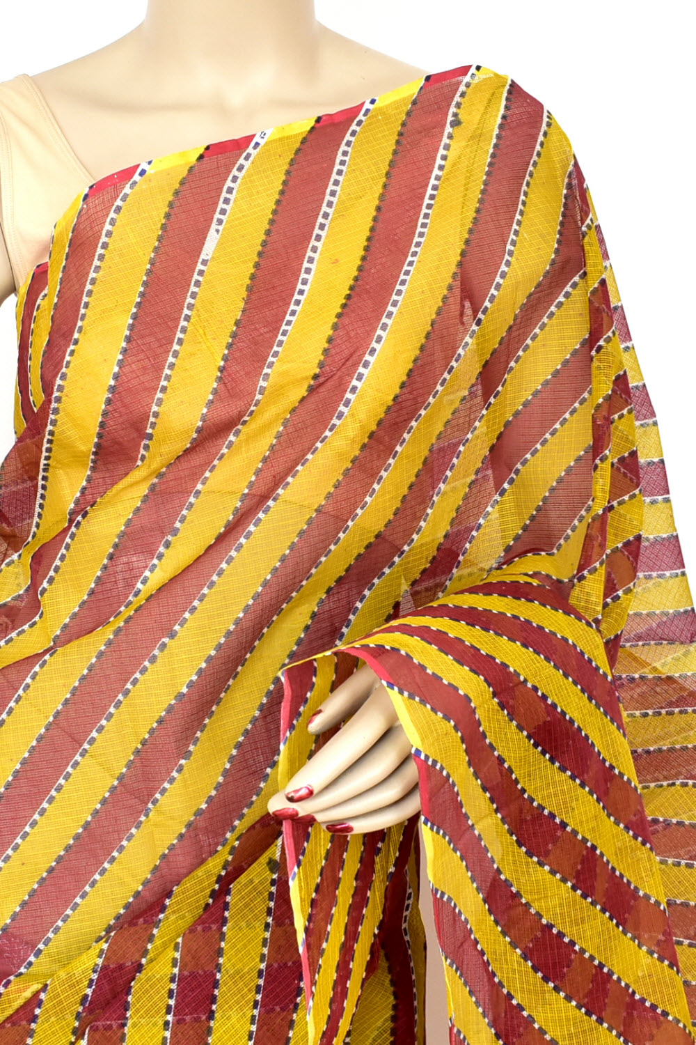 Maroon Mehandi Green Pure Cotton Kota Doria Saree Premium Quality Handwoven Lahariya Print Saree without Blouse 15680