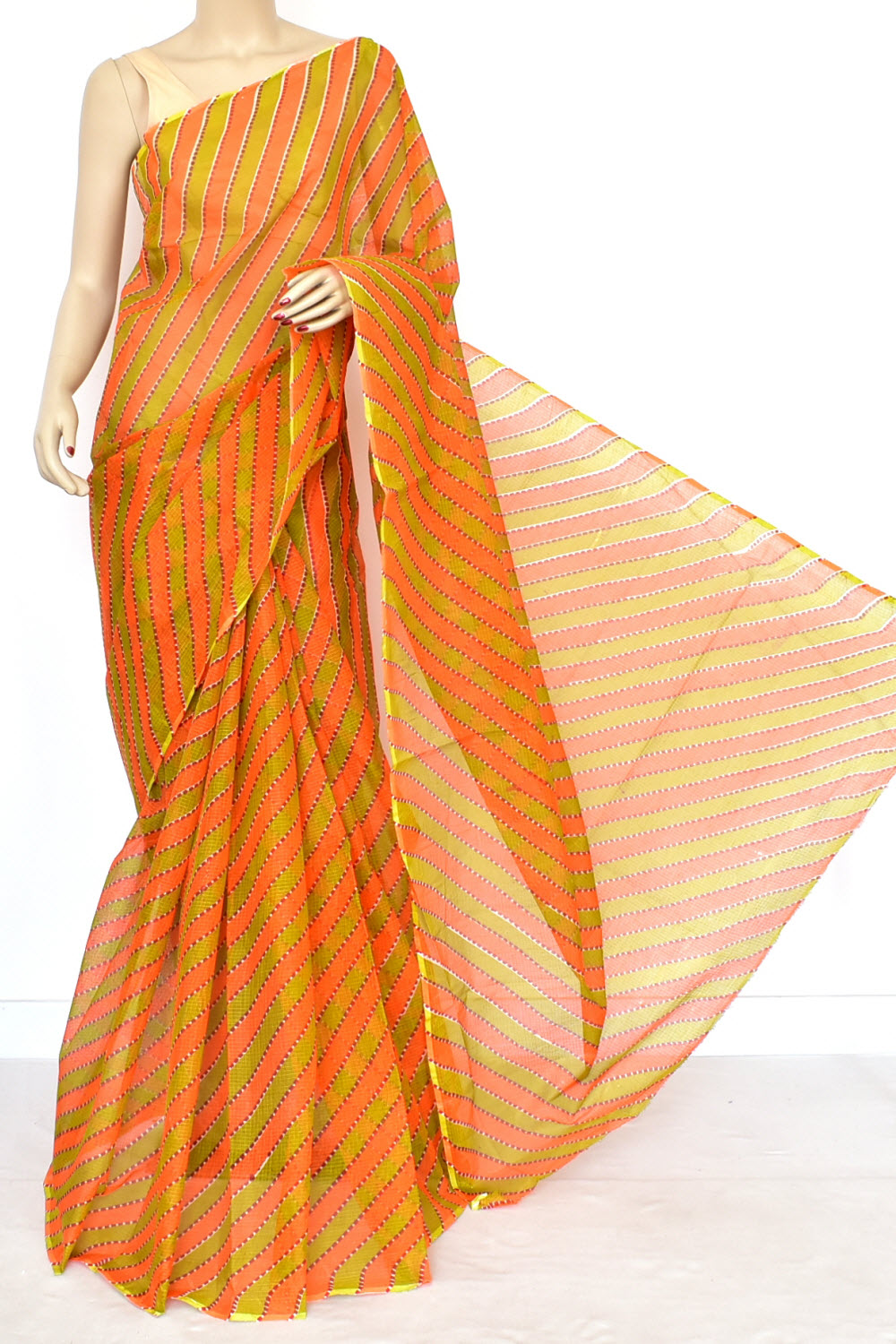 Orange Mehandi Green Pure Cotton Kota Doria Saree  Premium Quality Handwoven Lahariya Print Saree without Blouse 15681