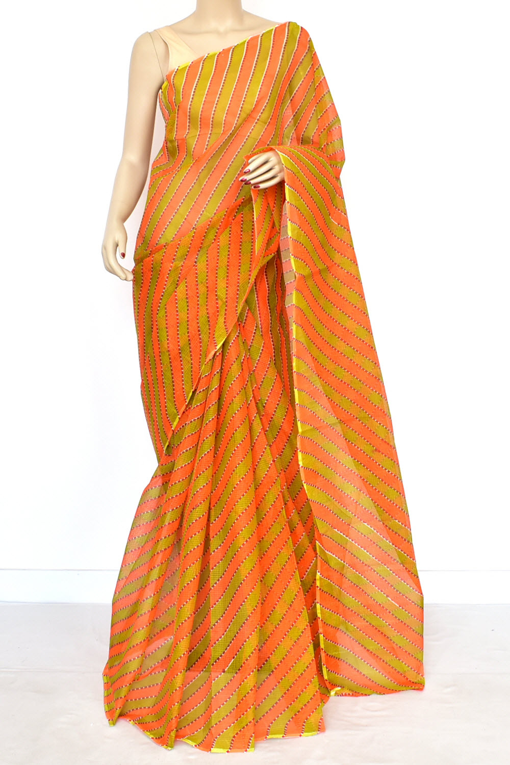 Orange Mehandi Green Pure Cotton Kota Doria Saree Premium Quality Handwoven Lahariya Print Saree without Blouse 15681