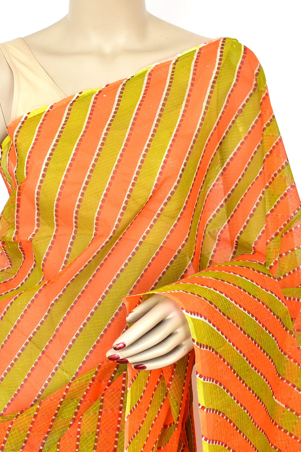 Orange Mehandi Green Pure Cotton Kota Doria Saree Premium Quality Handwoven Lahariya Print Saree without Blouse 15681