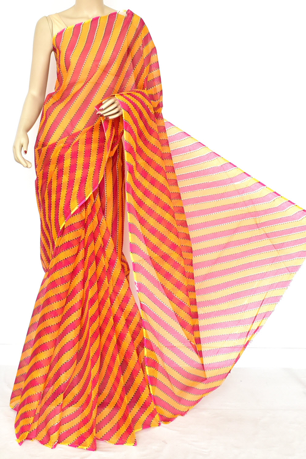 Rani Pink Yellow Pure Cotton Kota Doria Saree Premium Quality Handwoven Lahariya Print Saree without Blouse 15682