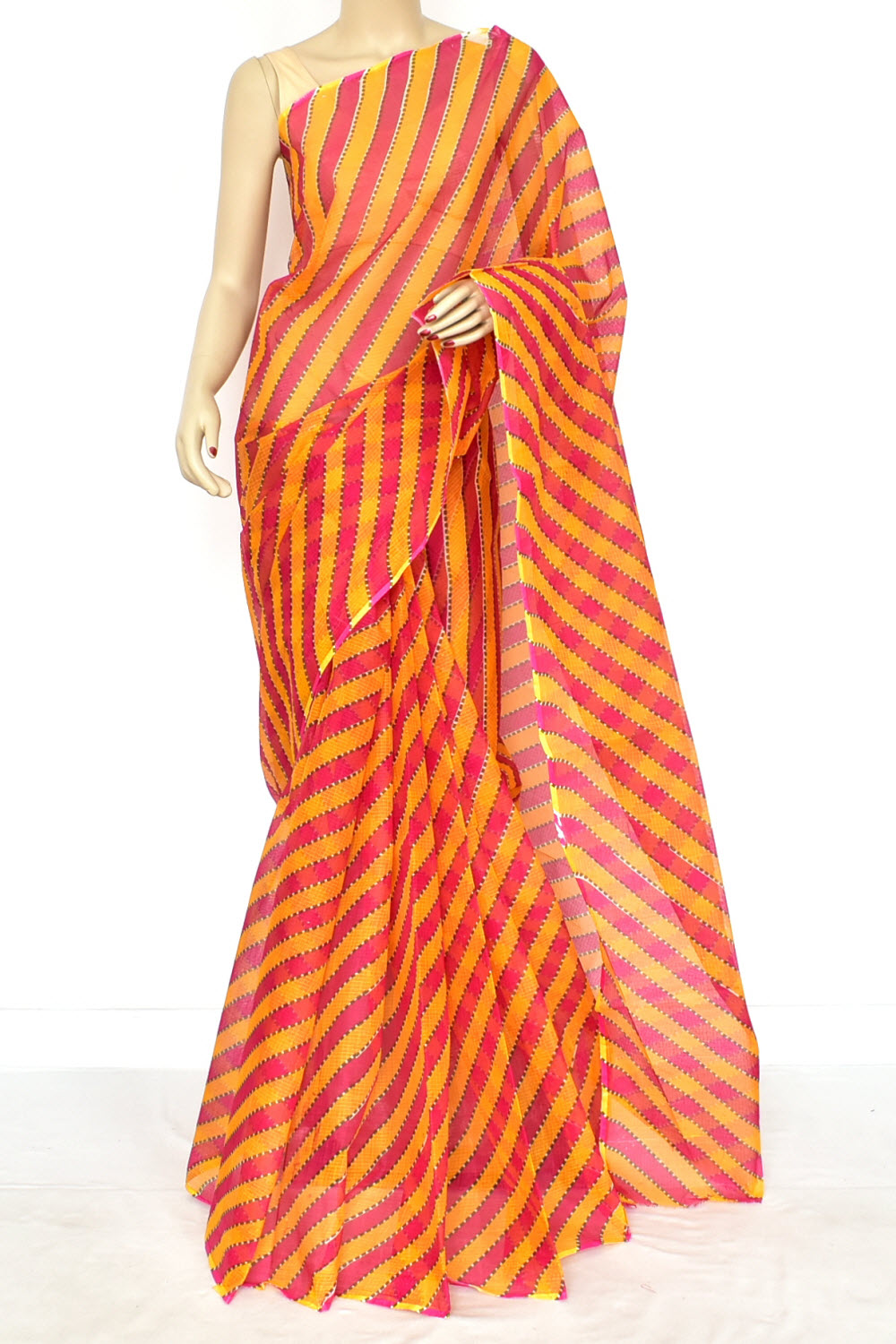 Rani Pink Yellow Pure Cotton Kota Doria Saree Premium Quality Handwoven Lahariya Print Saree without Blouse 15682