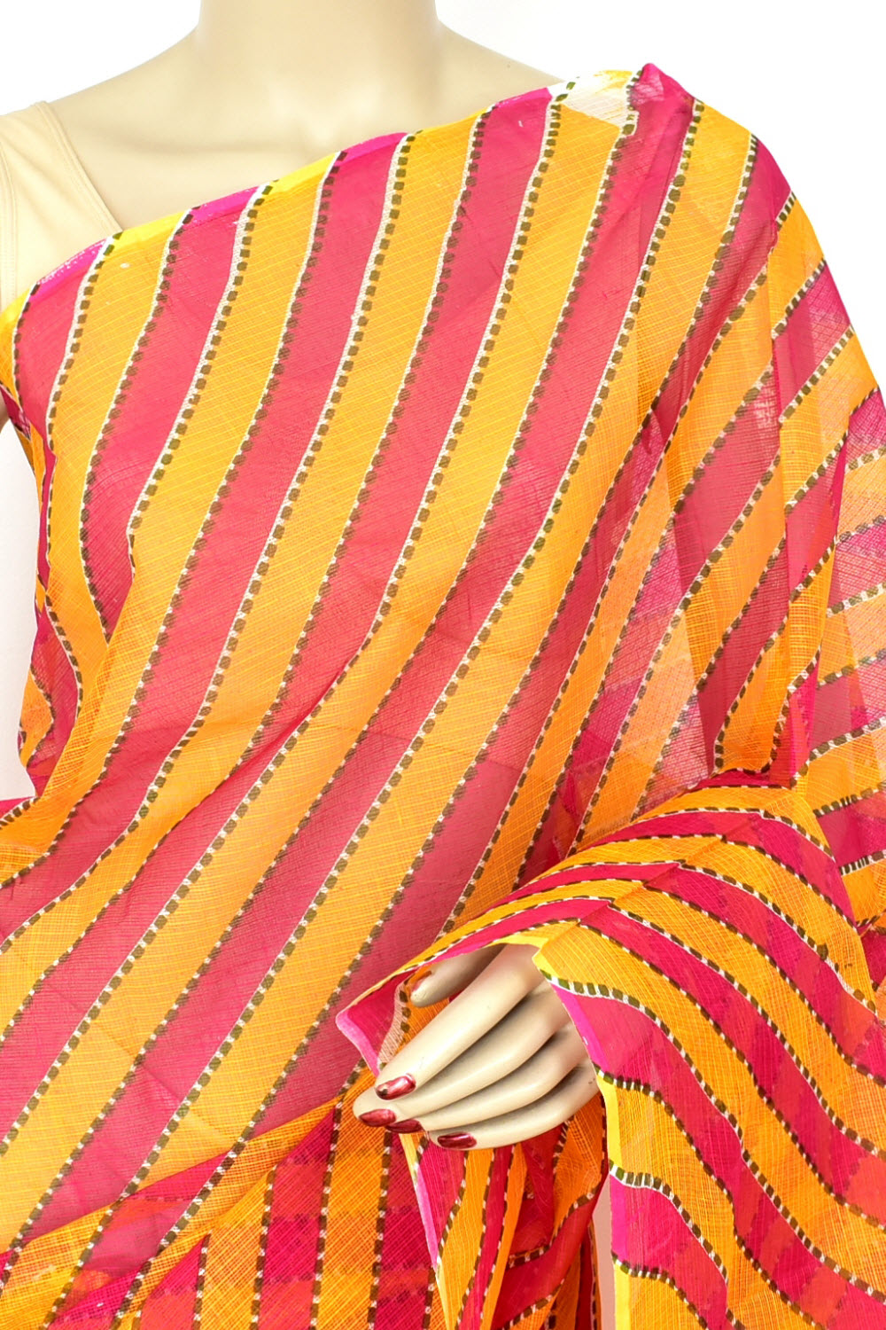 Rani Pink Yellow Pure Cotton Kota Doria Saree Premium Quality Handwoven Lahariya Print Saree without Blouse 15682
