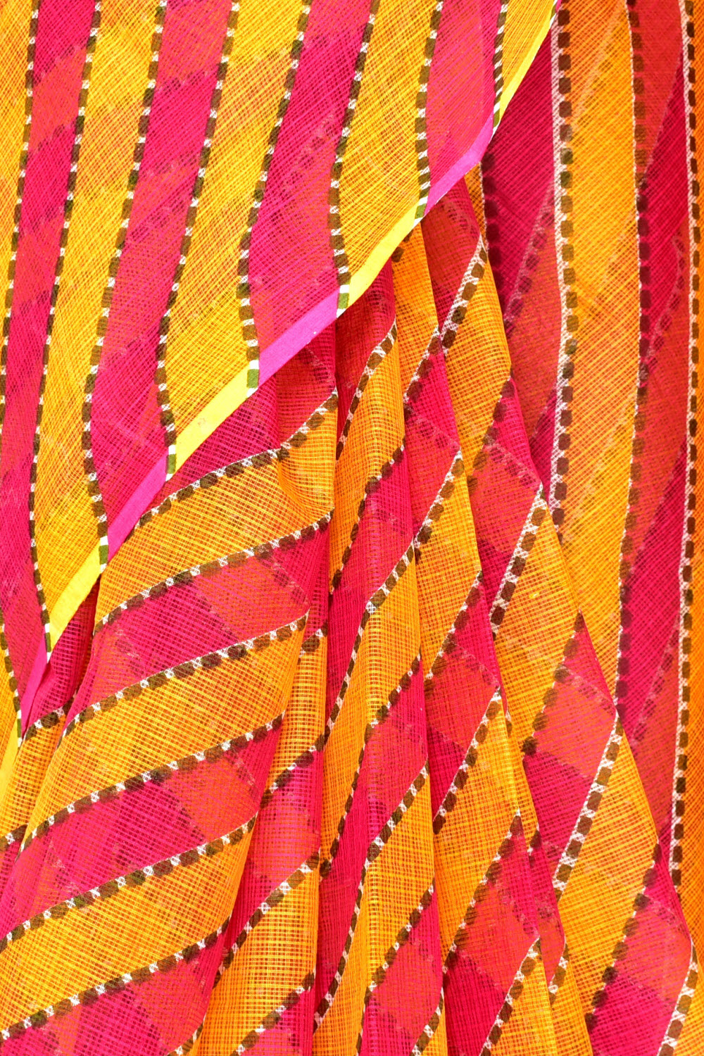 Rani Pink Yellow Pure Cotton Kota Doria Saree Premium Quality Handwoven Lahariya Print Saree without Blouse 15682