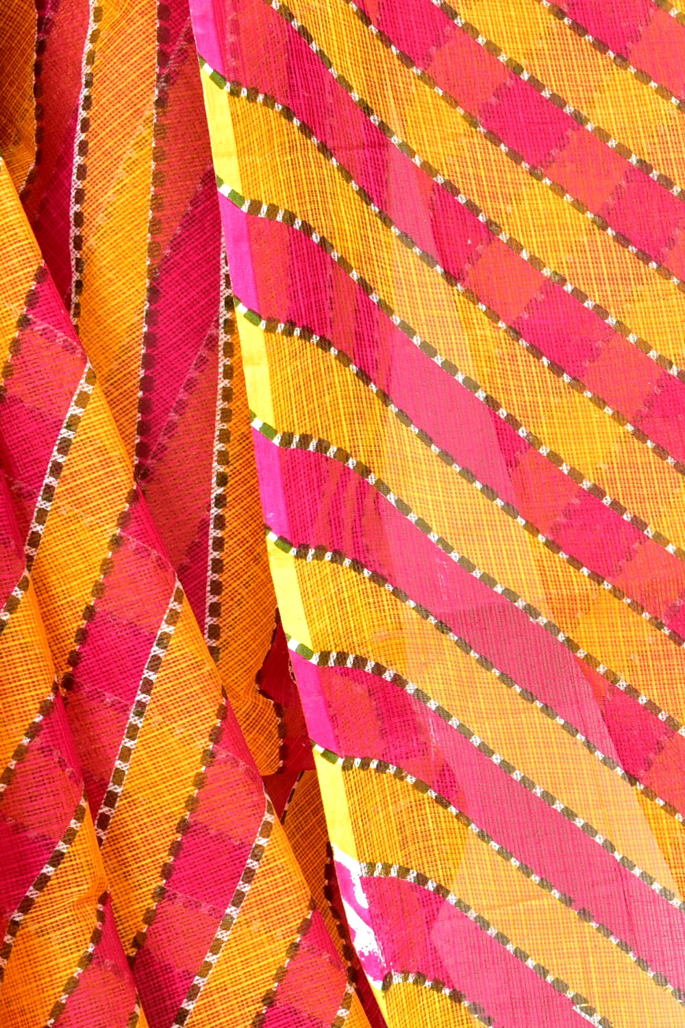 Rani Pink Yellow Pure Cotton Kota Doria Saree Premium Quality Handwoven Lahariya Print Saree without Blouse 15682