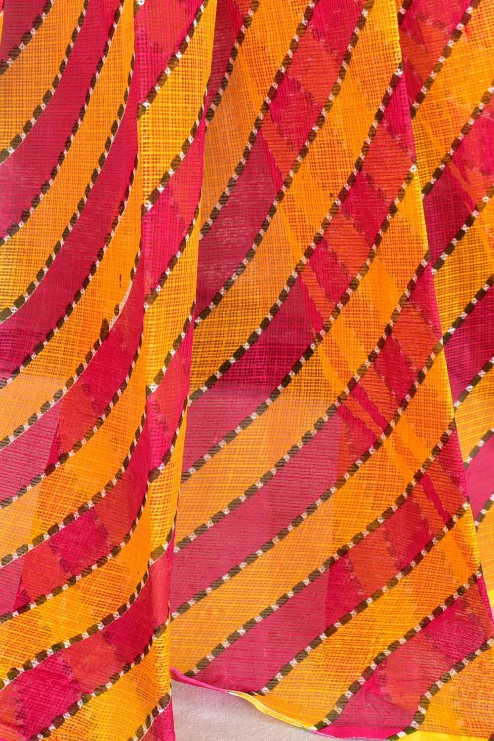 Rani Pink Yellow Pure Cotton Kota Doria Saree Premium Quality Handwoven Lahariya Print Saree without Blouse 15682