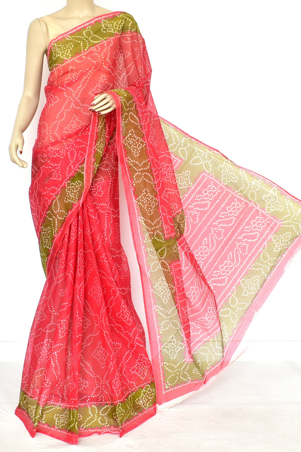 Red Mehandi Green Pure Cotton Kota Doria Saree  Premium Quality Handwoven Chunri Print Saree without Blouse 15684