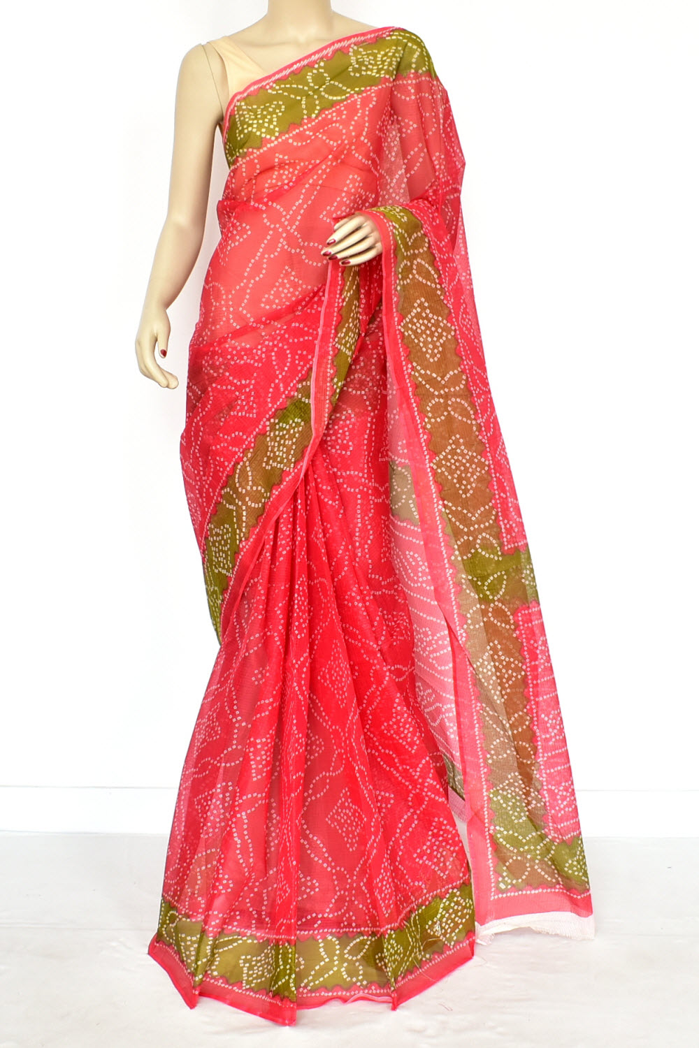 Red Mehandi Green Pure Cotton Kota Doria Saree  Premium Quality Handwoven Chunri Print Saree without Blouse 15684