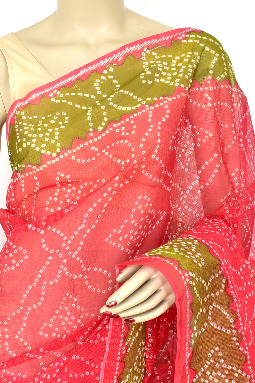 Red Mehandi Green Pure Cotton Kota Doria Saree  Premium Quality Handwoven Chunri Print Saree without Blouse 15684