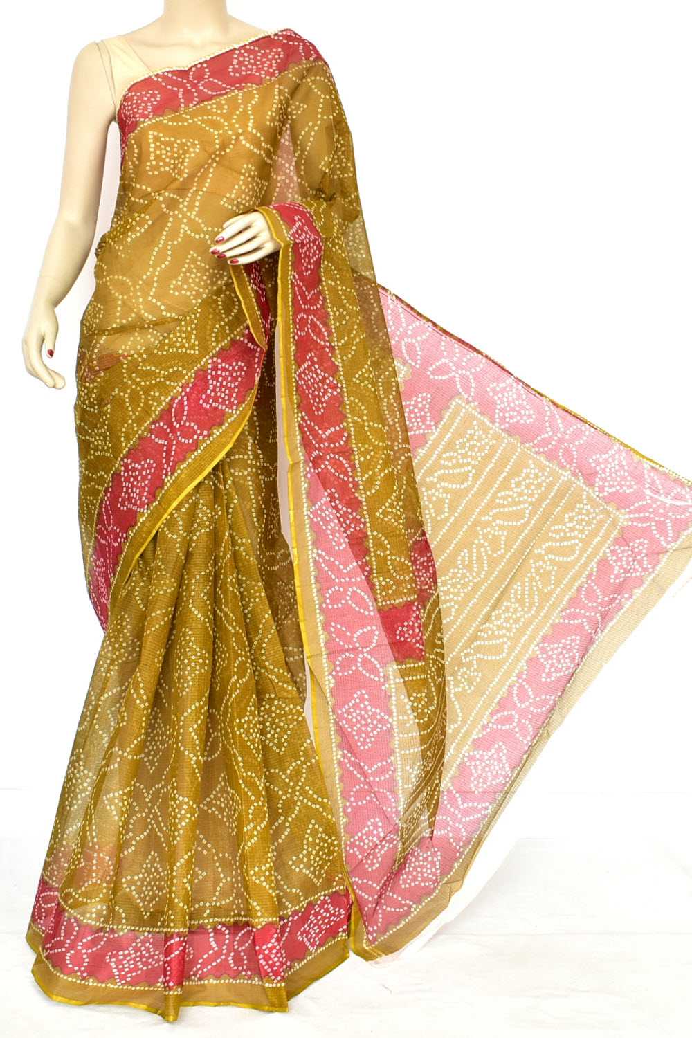 Mehandi Green Maroon Pure Cotton Kota Doria Saree Premium Quality Handwoven Chunri Print Saree without Blouse 15685