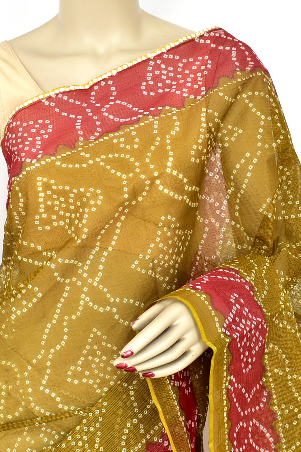 Mehandi Green Maroon Pure Cotton Kota Doria Saree Premium Quality Handwoven Chunri Print Saree without Blouse 15685