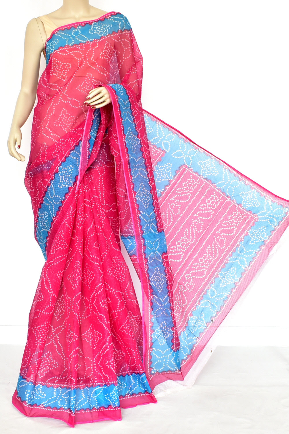 Pink Pherozi Blue Pure Cotton Kota Doria Saree Premium Quality Handwoven Chunri Print Saree without Blouse 15687