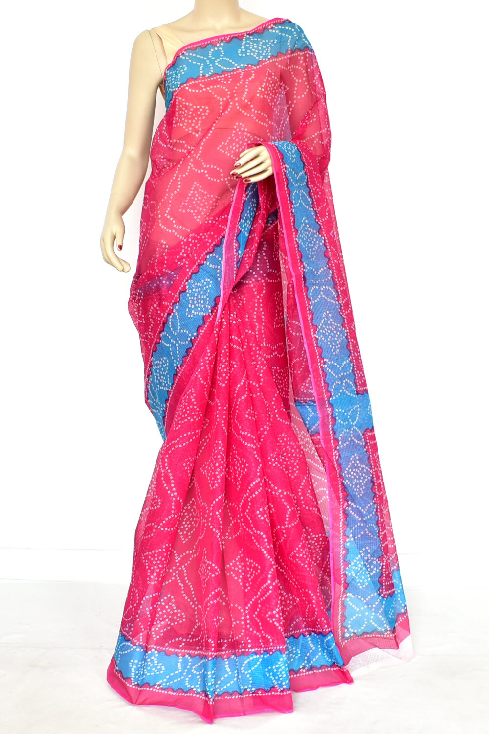 Pink Pherozi Blue Pure Cotton Kota Doria Saree Premium Quality Handwoven Chunri Print Saree without Blouse 15687
