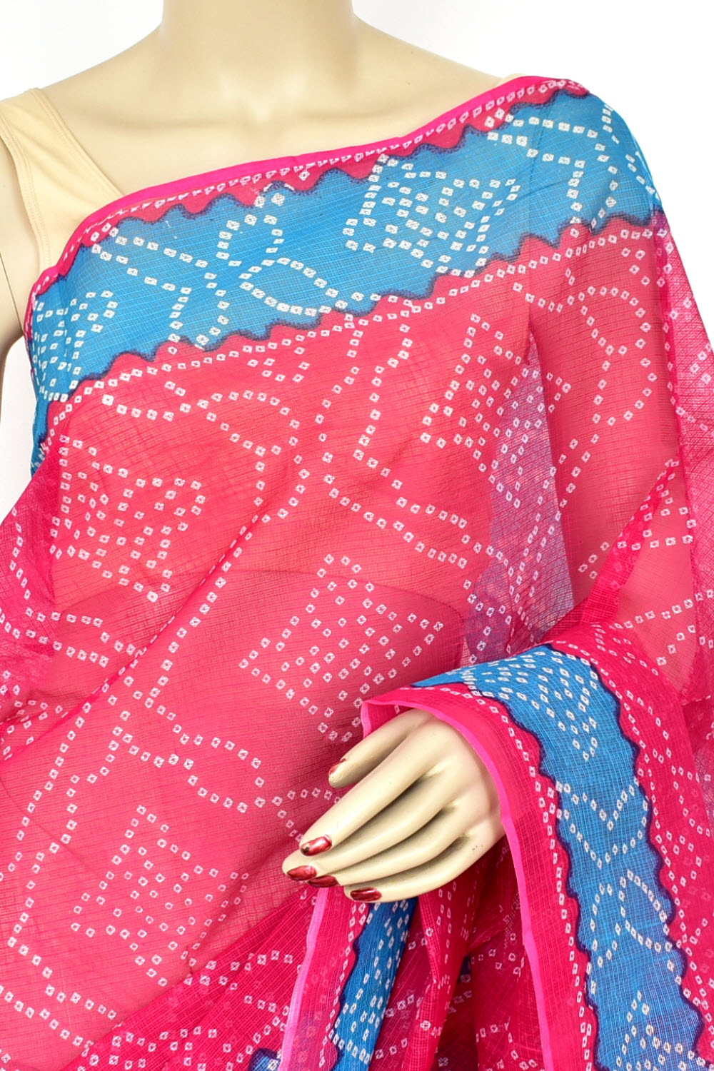 Pink Pherozi Blue Pure Cotton Kota Doria Saree Premium Quality Handwoven Chunri Print Saree without Blouse 15687