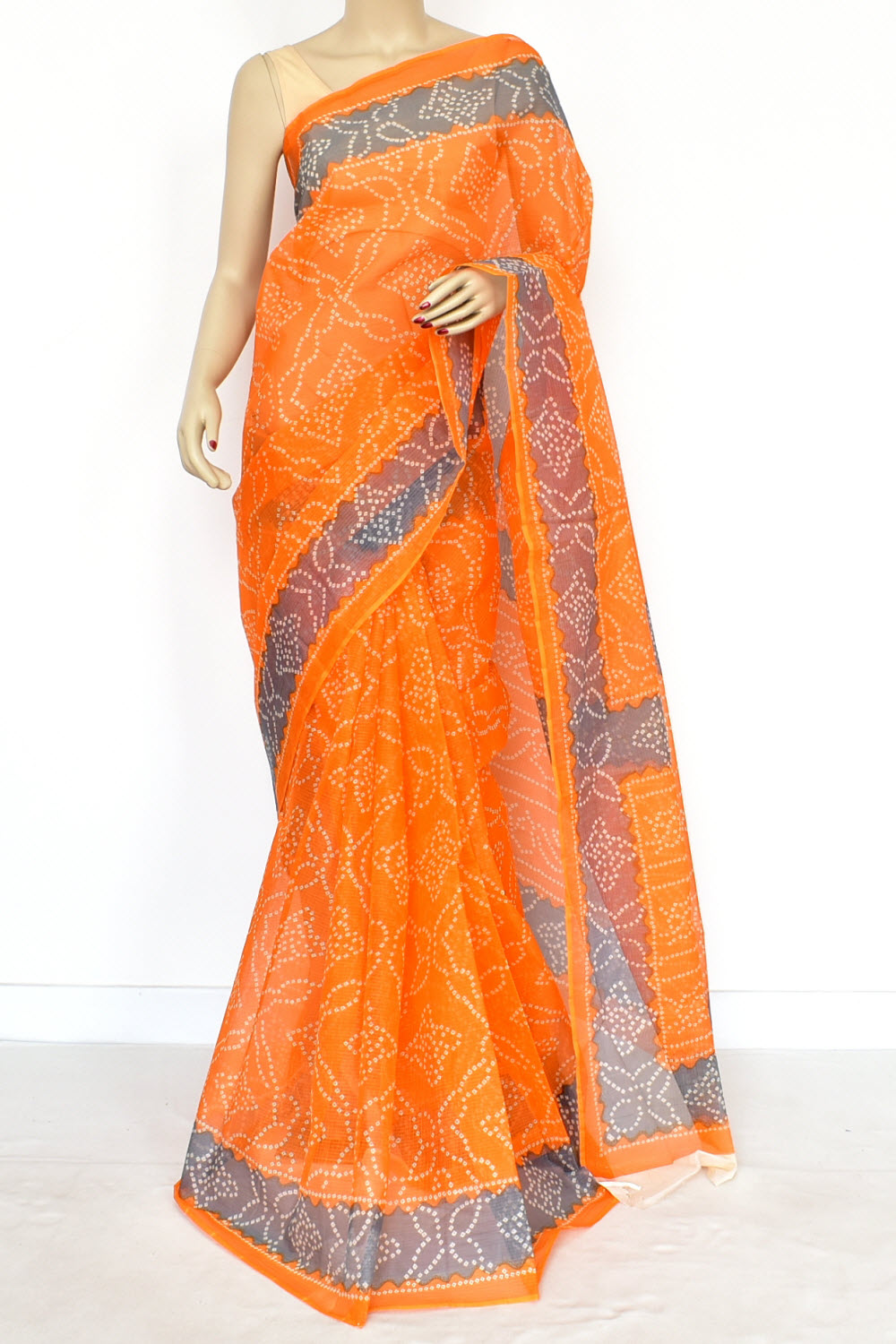 Yellow Grey Pure Cotton Kota Doria Saree Premium Quality Handwoven Chunri Print Saree without Blouse 15688