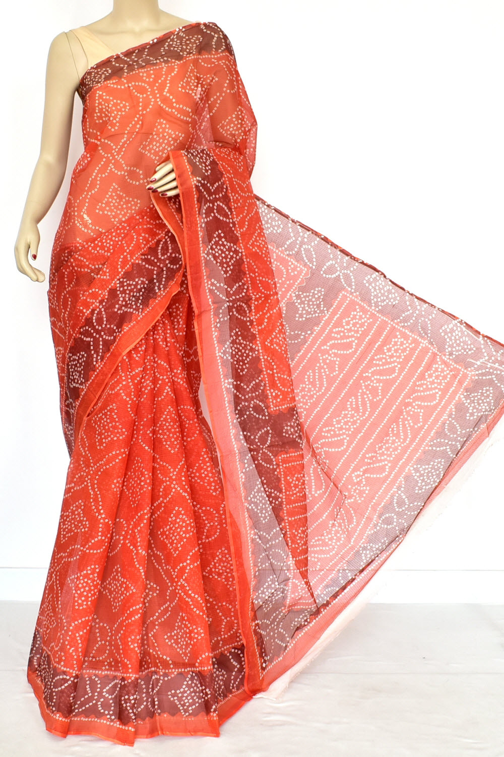 Rust Coffee Pure Cotton Kota Doria Saree  Premium Quality Handwoven Chunri Print Saree without Blouse 15689