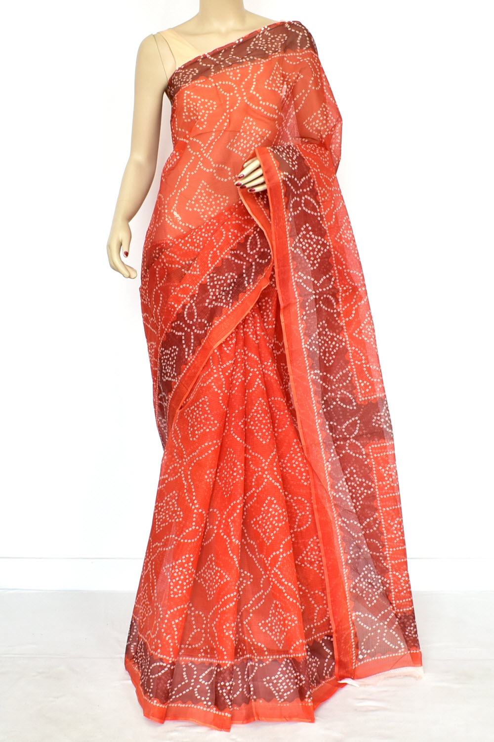 Rust Coffee Pure Cotton Kota Doria Saree  Premium Quality Handwoven Chunri Print Saree without Blouse 15689