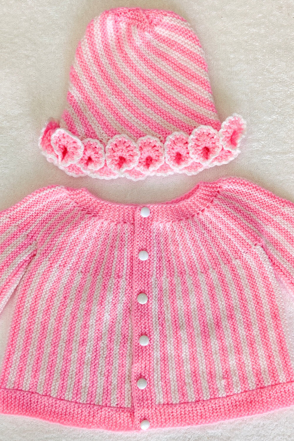 12-18 Months Pink-White Hand Knitted Sweater with Cap 16001