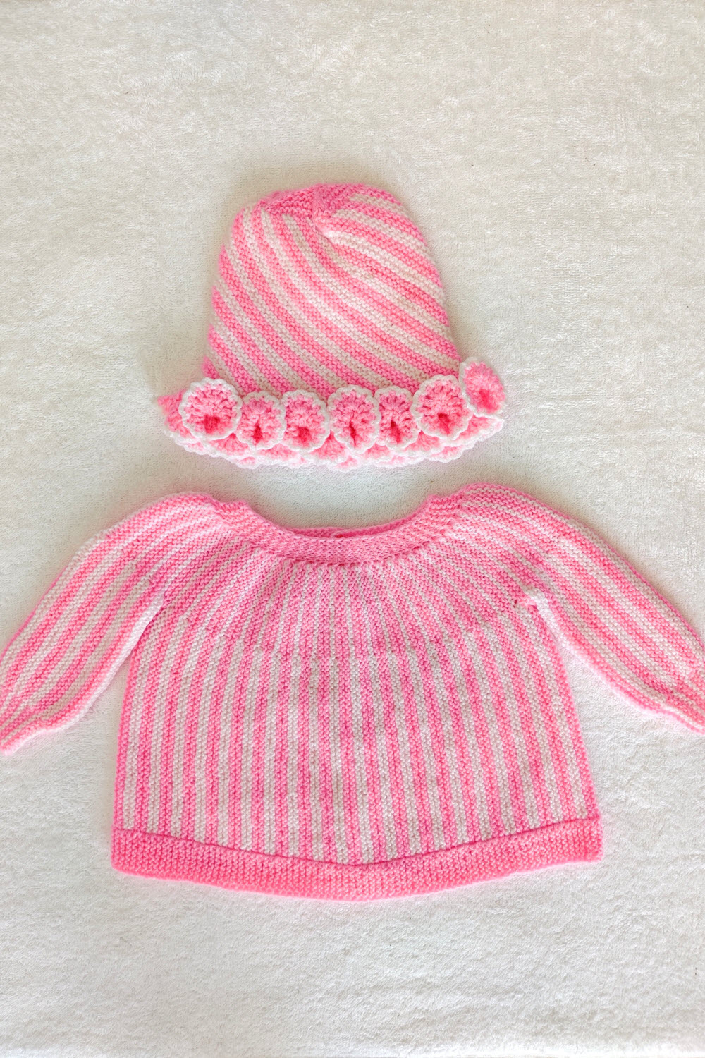 12-18 Months Pink-White Hand Knitted Sweater with Cap 16001