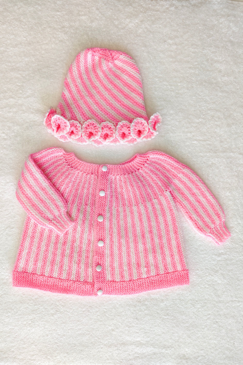 12-18 Months Pink-White Hand Knitted Sweater with Cap 16001