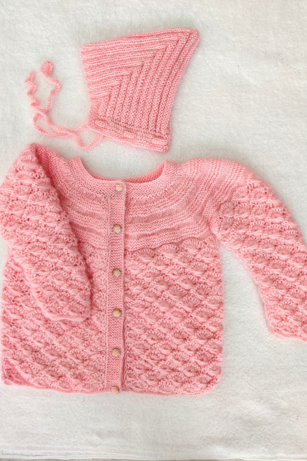 18-24 Months - Peach Hand Knitted Sweater with Cap for Kids 16003