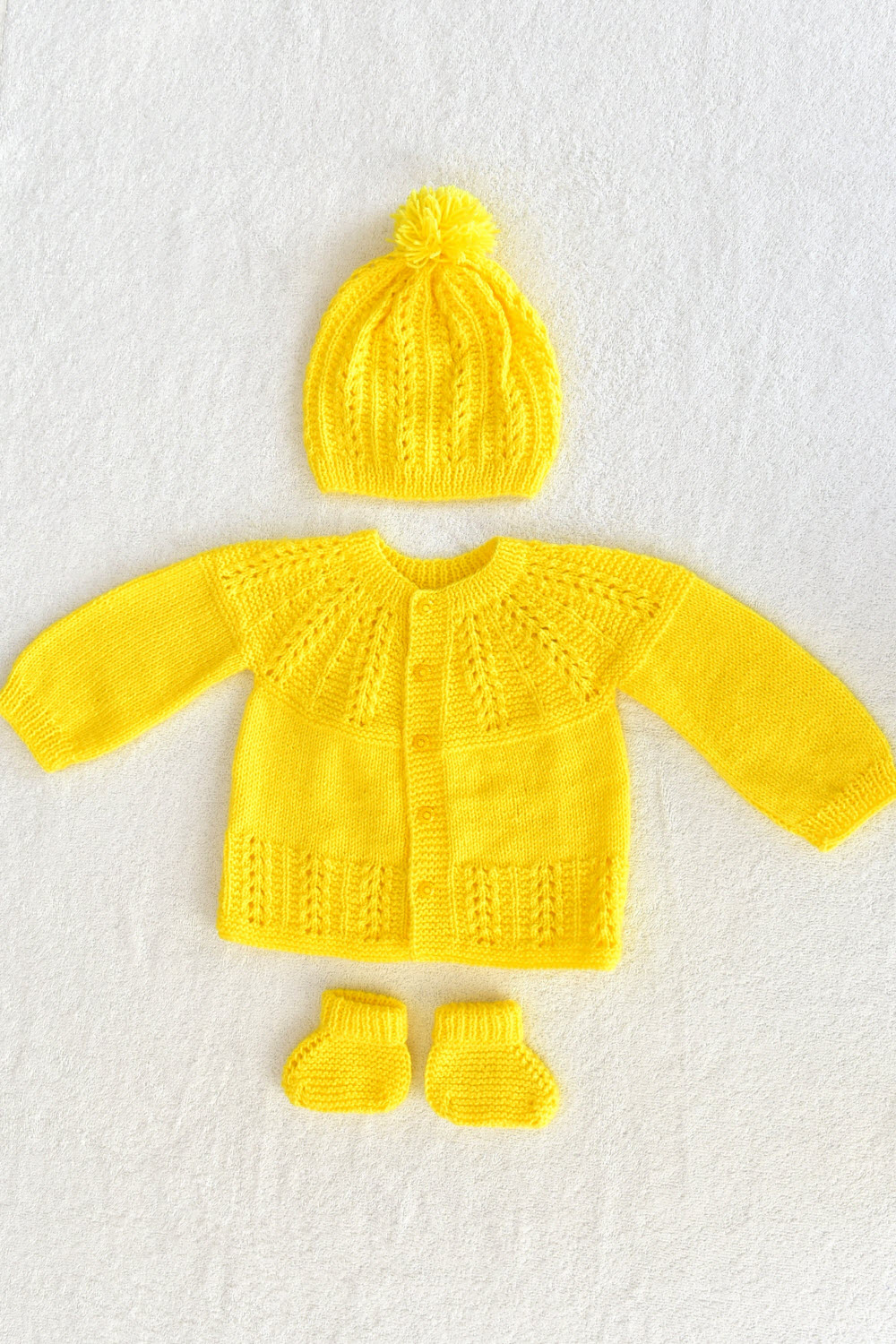 12-18 Months - Yellow Hand Knitted Sweater with Cap and Socks for Kids 16011