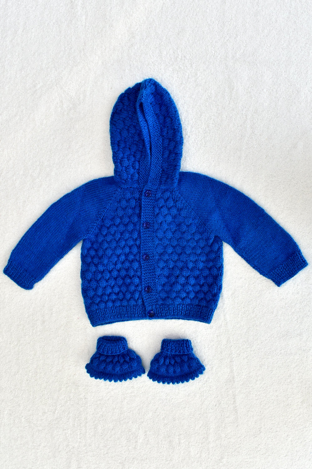 12-18 Months - Blue Hand Knitted Sweater with Cap and Socks for Kids 16014