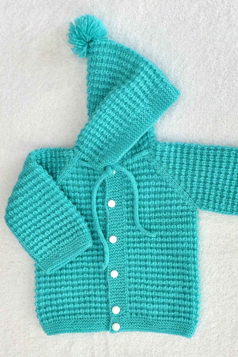 12-18 Months - Turquoise Blue Hand Knitted Sweater With Hood For Kids 16015