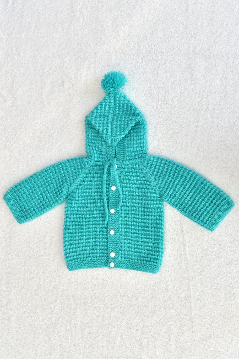 12-18 Months - Turquoise Blue Hand Knitted Sweater With Hood For Kids 16015