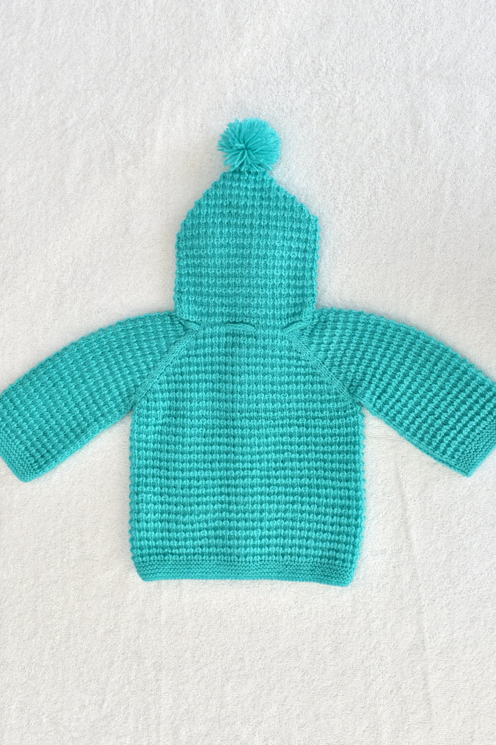 12-18 Months - Turquoise Blue Hand Knitted Sweater With Hood For Kids 16015