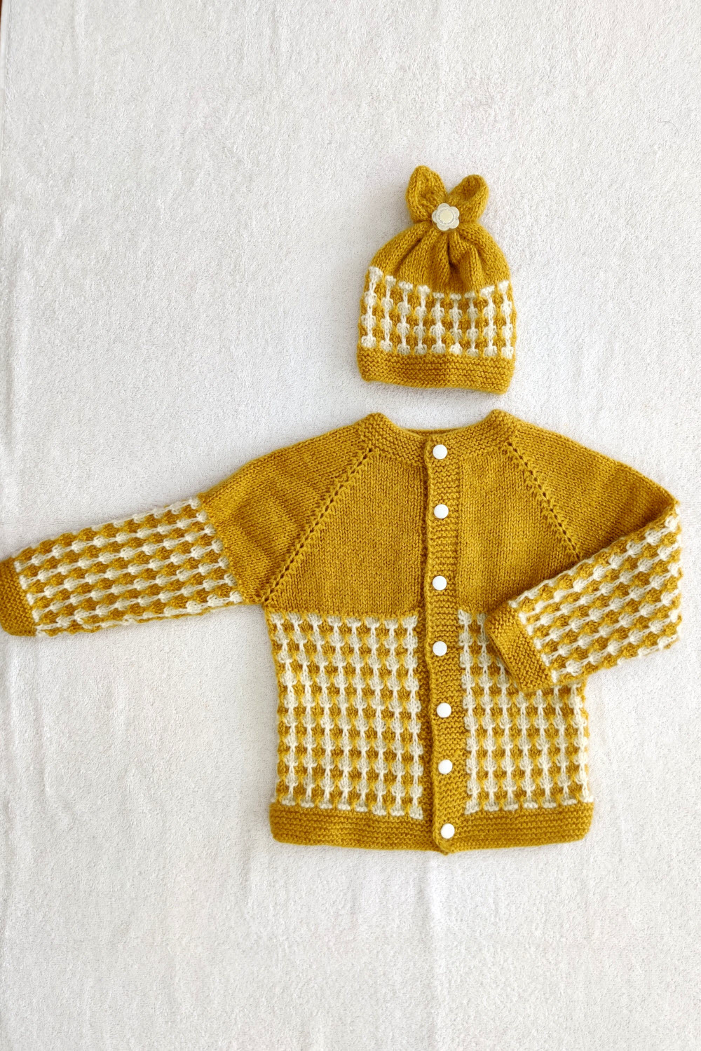 24-30 Months Mustard Yellow - White Hand Knitted Sweater with Cap for Kids 16019